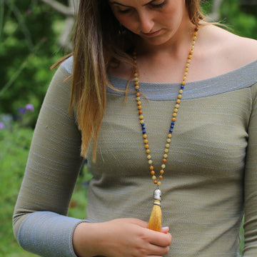 Honey Jade Mala Necklace • Handmade Knotted Gemstone Beads • Long Tassel Meditation Necklace for Women